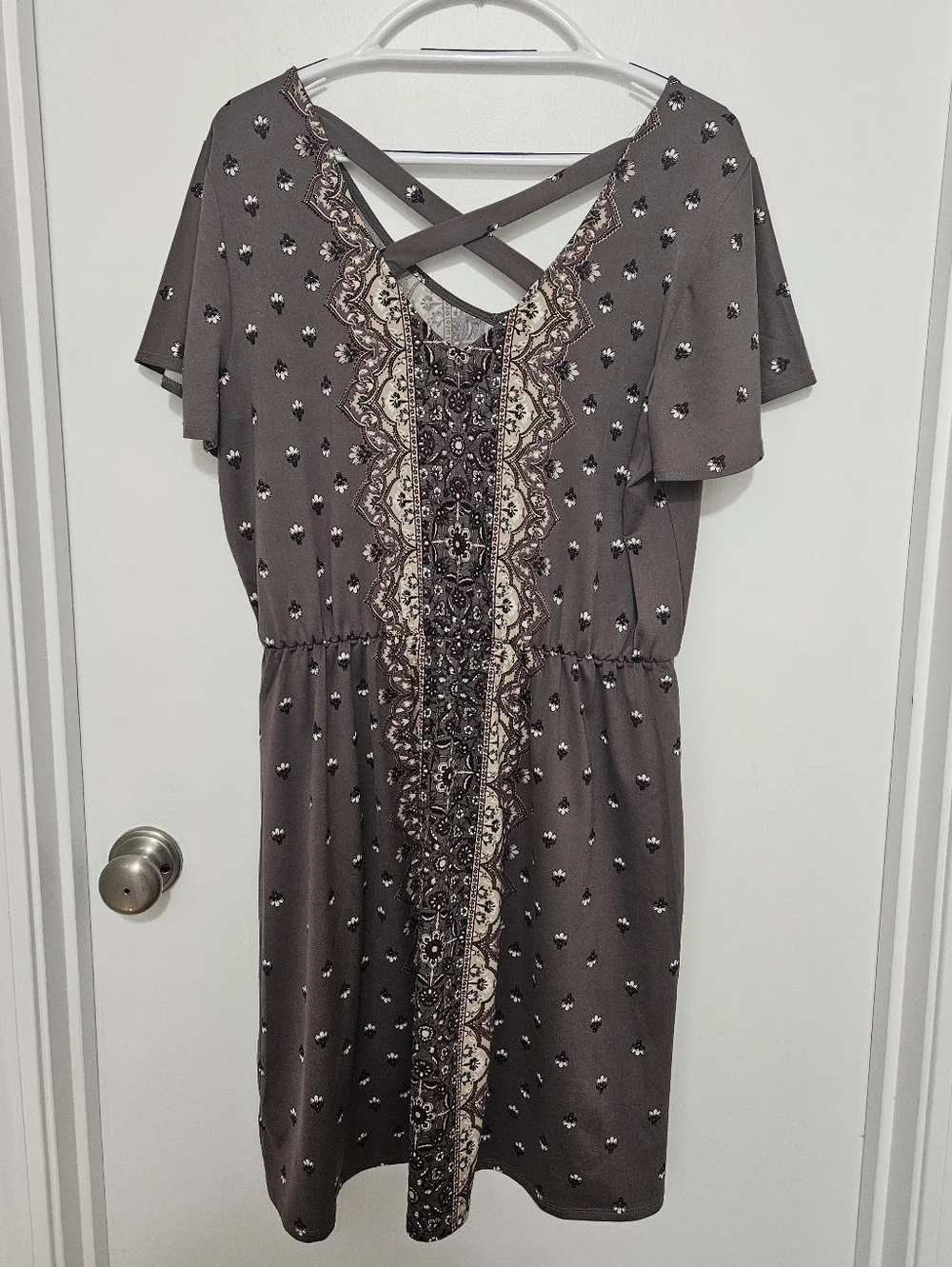 Maurices Brown Floral Border Print Mini Dress with Crisscross‎ Back Size XL